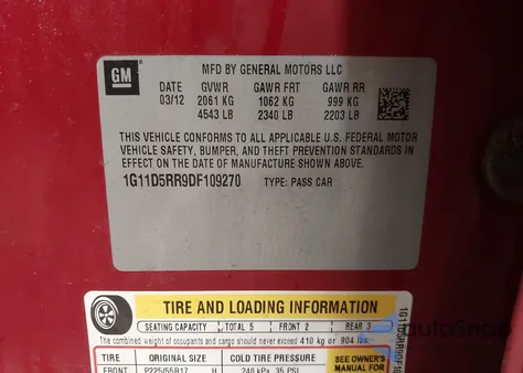 2013 Chevrolet Malibu Eco z USA, uszkodzony, nr VIN 1G11D5RR9DF109270